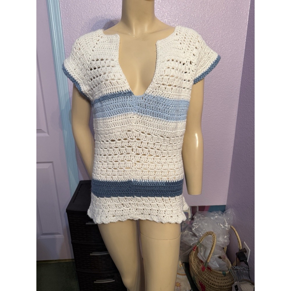 Vtg 70s Handmade Crochet Sweater M L Knit Popover Cottagecore Boho Hippie